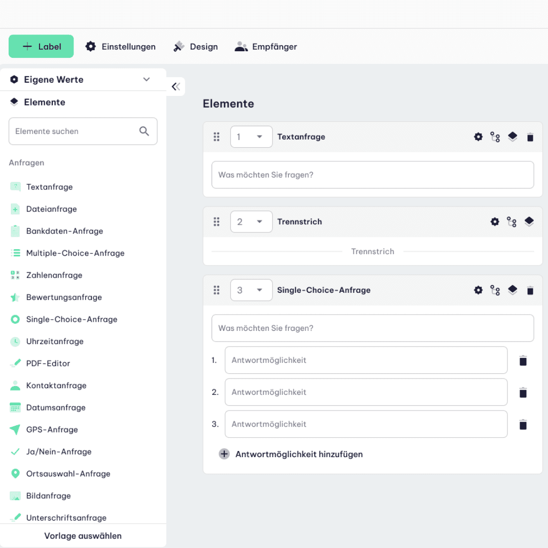 Formular-Baukasten in Flixcheck mit Elementen wie Textanfrage und Single-Choice-Anfrage